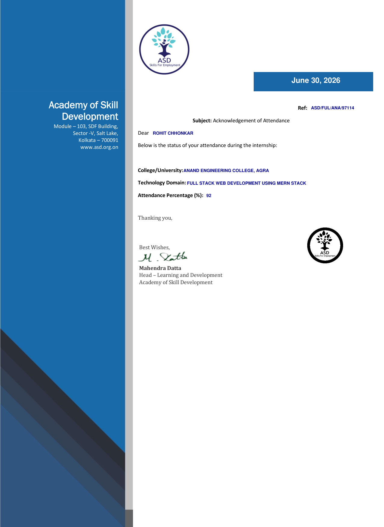 Internship Attendance Acknowledgement - ASD