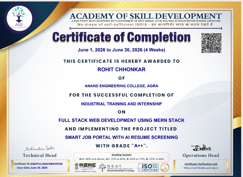 Industrial Training & Internship Completion - MERN Stack