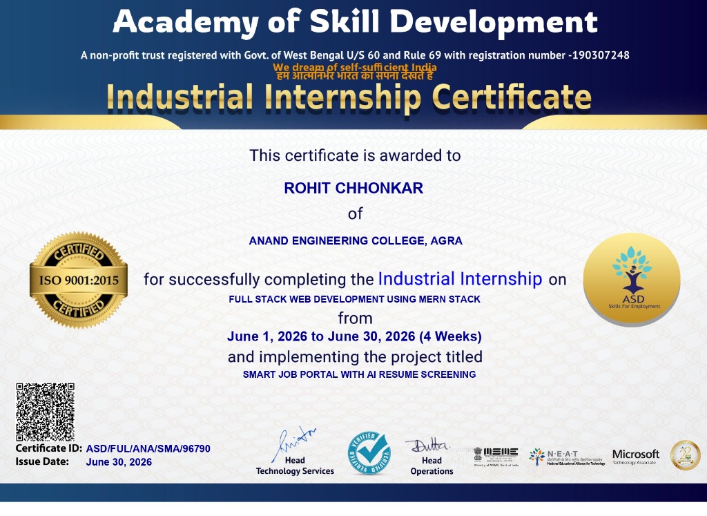 Industrial Internship Certificate - MERN Stack