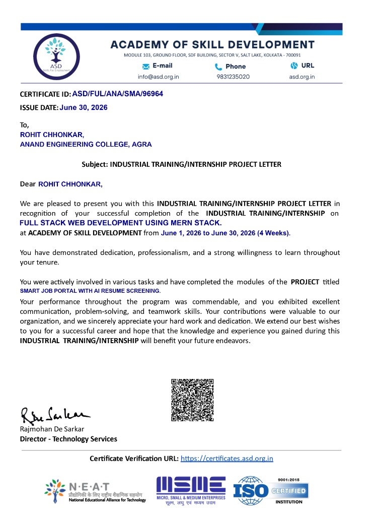 Industrial Training/Internship Project Letter