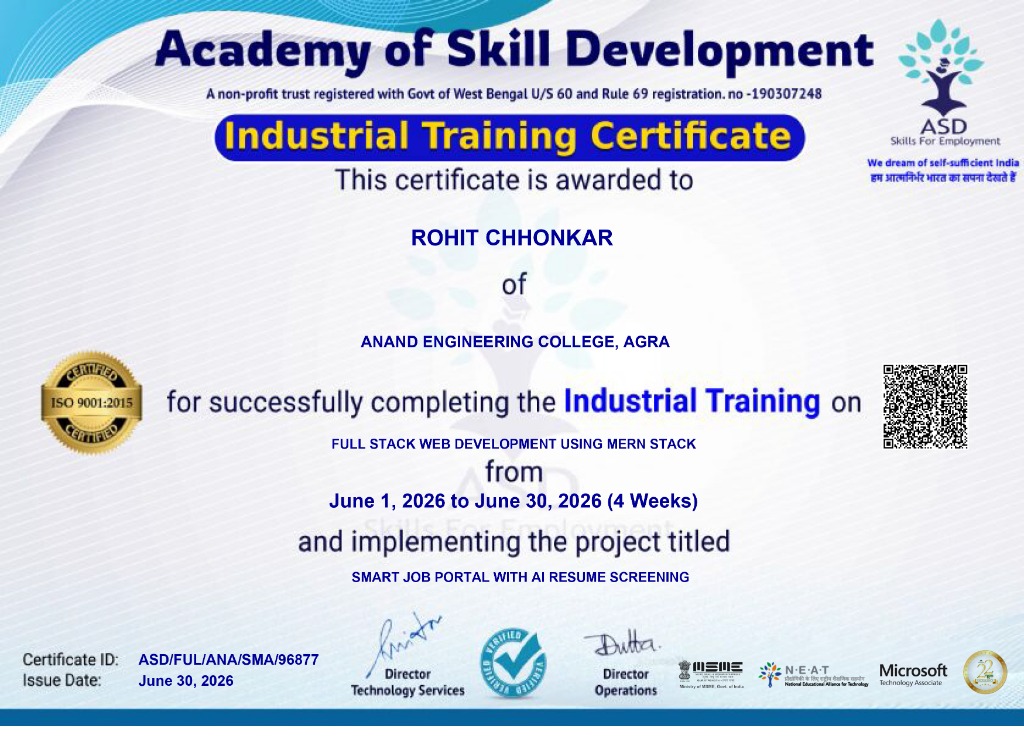 Industrial Training Certificate - MERN Stack