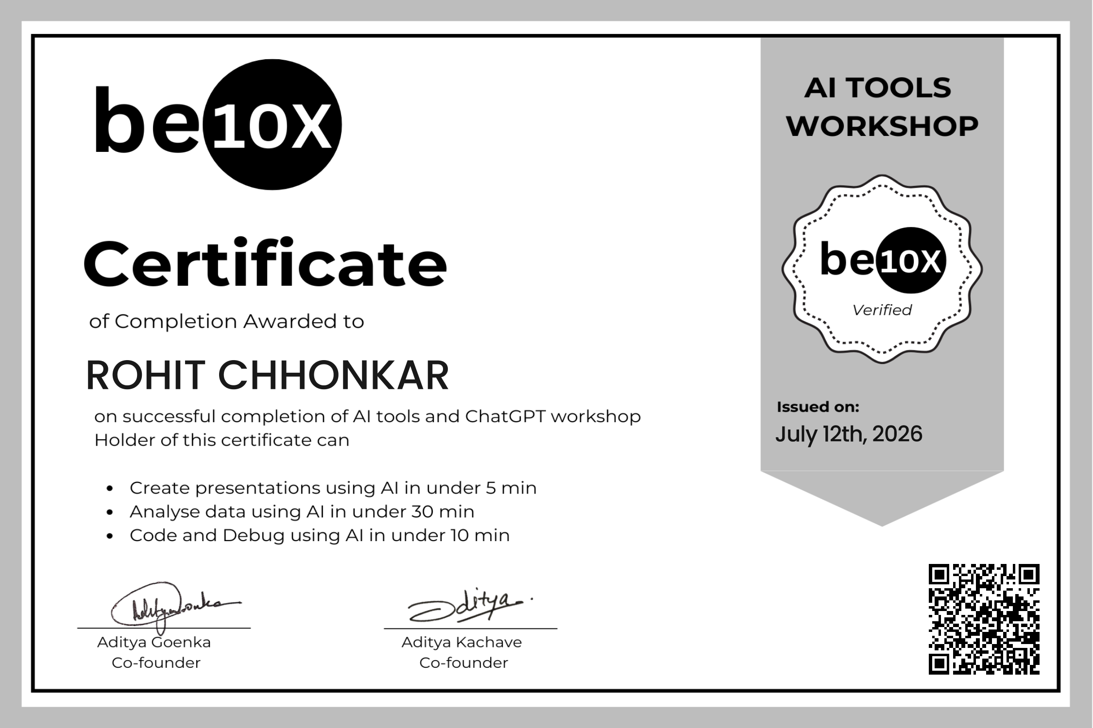 AI Tools Workshop Certificate - be10x