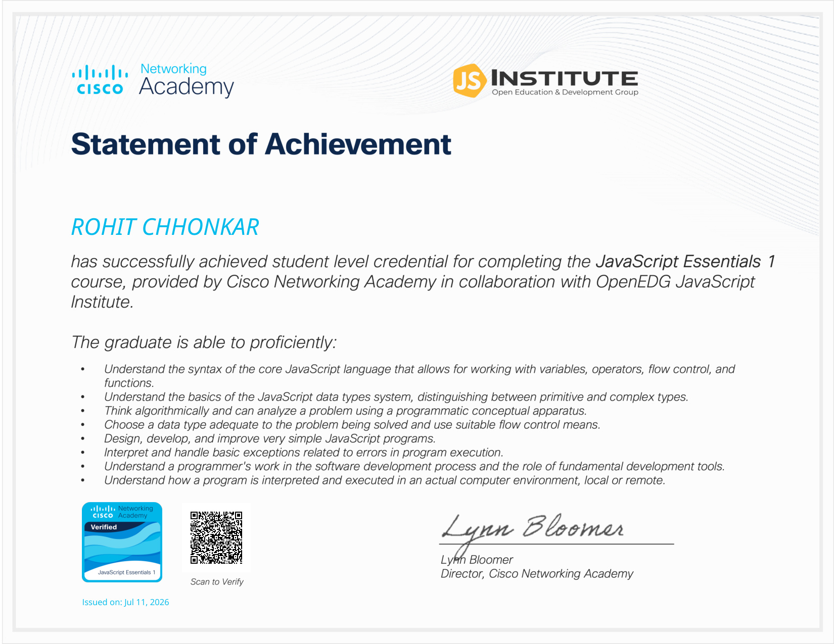 JavaScript Essentials 1 Certificate